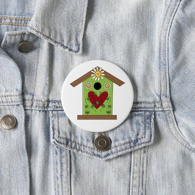 Green Birdhouse with Heart and Daisies  7.5 Cm Round Badge (Creator Uploaded)