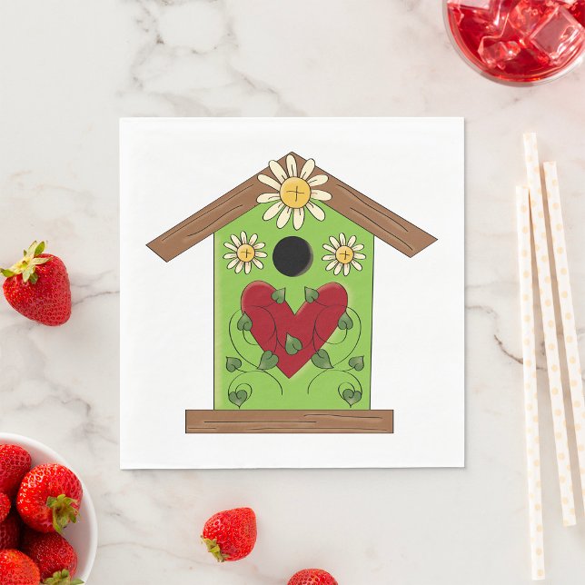 Green Birdhouse with Heart and Daisies  Napkin (Creator Uploaded)