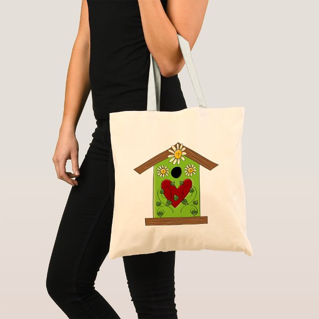 Green Birdhouse with Heart and Daisies  Tote Bag (Creator Uploaded)