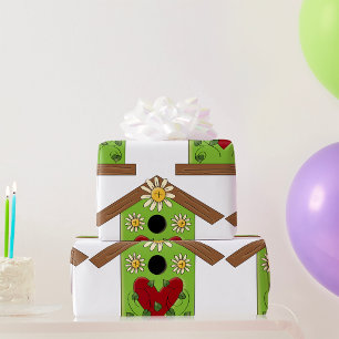 Green Birdhouse with Heart and Daisies  Wrapping Paper