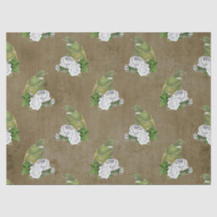 Green Birds and White Roses on Brown Decoupage Tissue Paper
