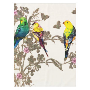 Green Birds Floral Watercolor Silver Glitter Tablecloth