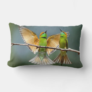 Green Birds Frolic in the Trees Solid Green Lumbar Cushion