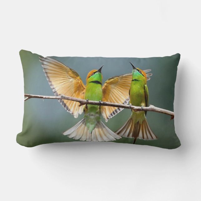 Green Birds Frolic in the Trees Solid Green Lumbar Cushion (Front)
