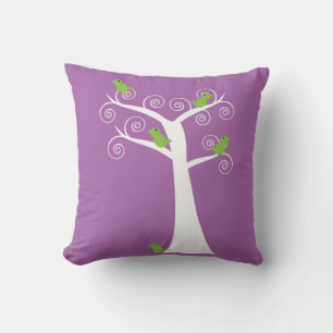 Green Birds in a Whimsical Swirly Tree on Purple Cushion