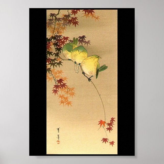 Green Birds on Maple Tree, Japanese Art c.1800s Poster (Front)