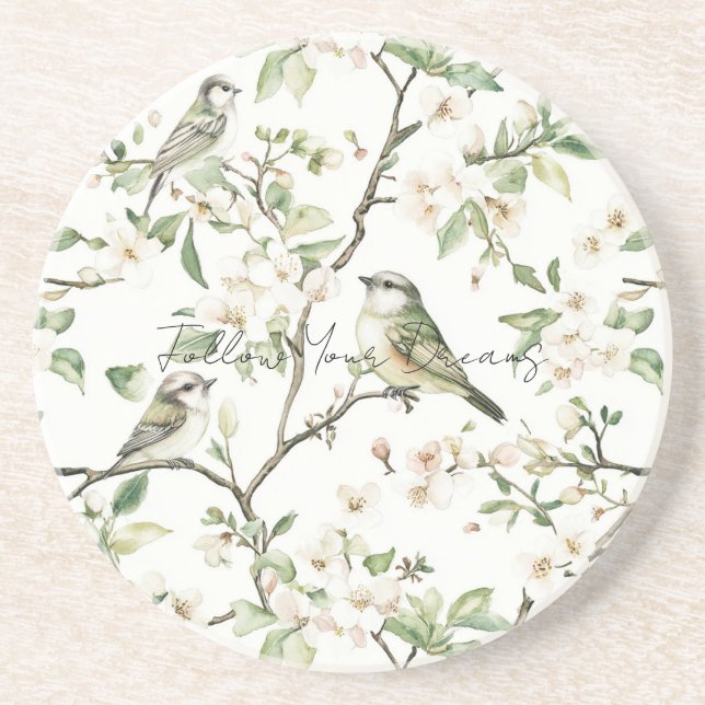 Green Birds White Flowers Tree Coaster (Front)