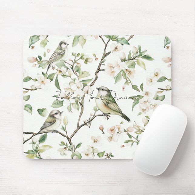 Green Birds White Flowers Tree Mouse Pad (With Mouse)