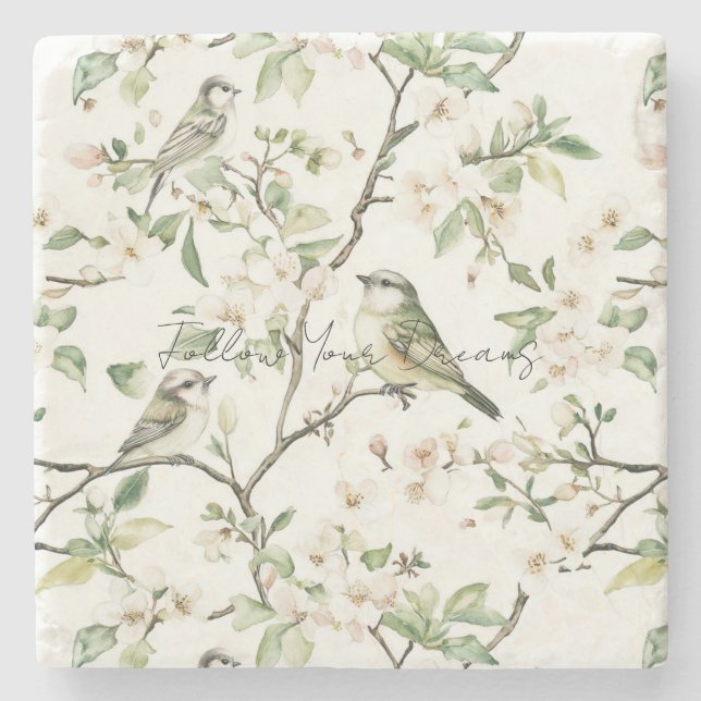 Green Birds White Flowers Tree Stone Coaster (Front)