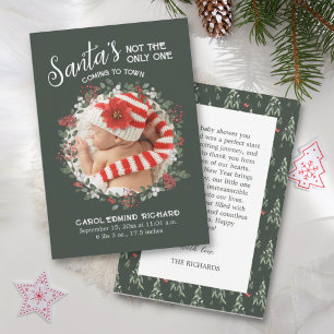 Green Birth Stats Christmas Photo Baby Shower Thank You Card