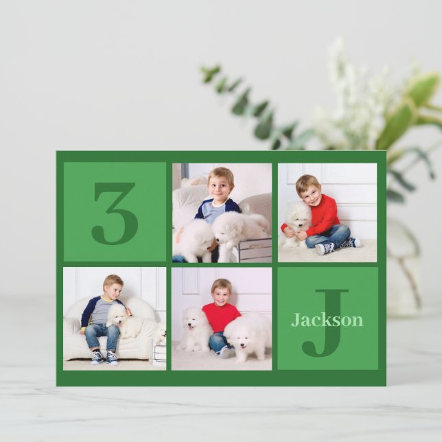 Green Birthday Boy Photo Collage Custom Party Invitation (Standing Front)