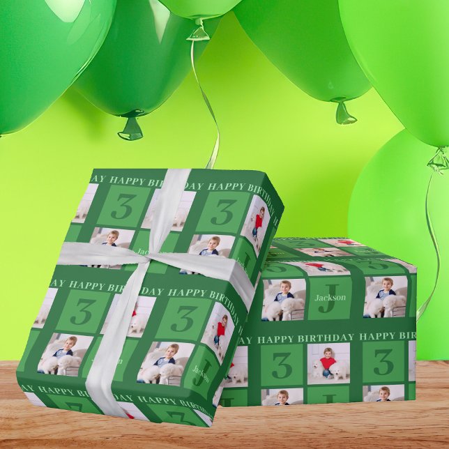 Green Birthday Photo Collage Personalised Kids Wrapping Paper (Creator Uploaded)