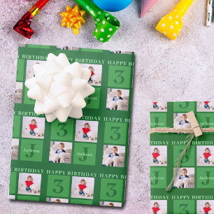 Green Birthday Photo Collage Personalised Kids Wrapping Paper Sheet