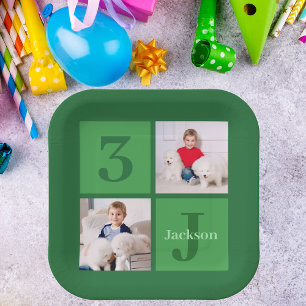 Green Birthday Photo Collage Personalized Party Paper Plate