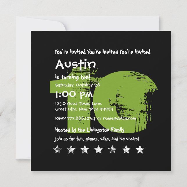 GREEN BLACK 10th Birthday Party 10 Year Old V02B1 Invitation (Back)