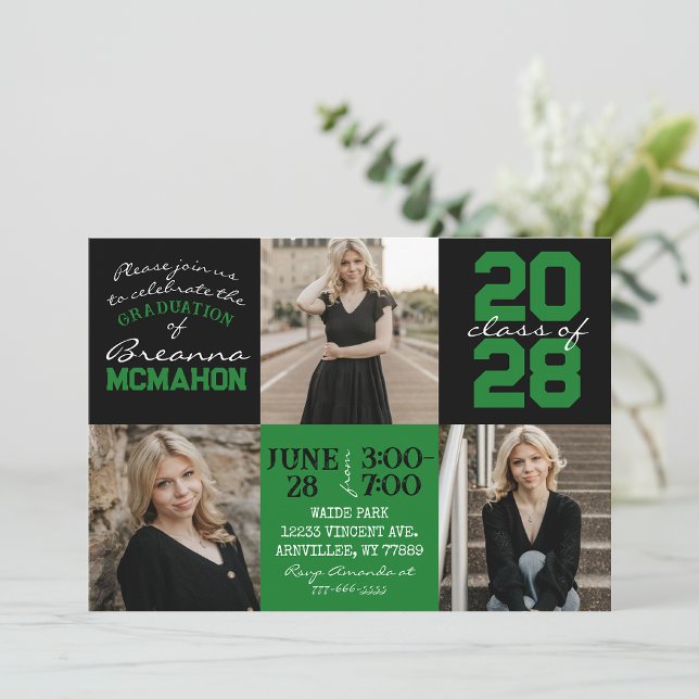 Green & Black 3 Photo Graduation Invitation (Creator Uploaded)