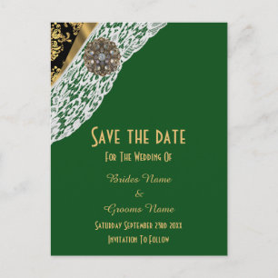 Green black and gold white lace save the date announcement postcard