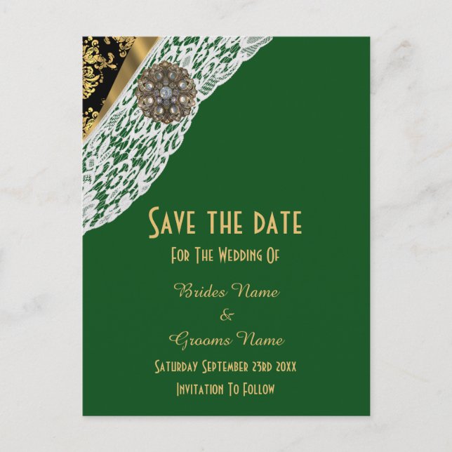 Green black and gold white lace save the date announcement postcard (Front)