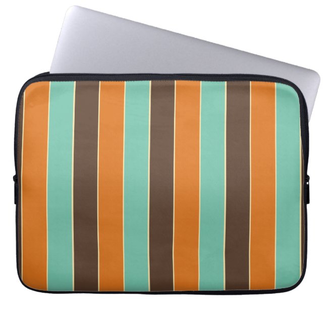 Green, black and orange stripes pattern laptop sleeve (Front)