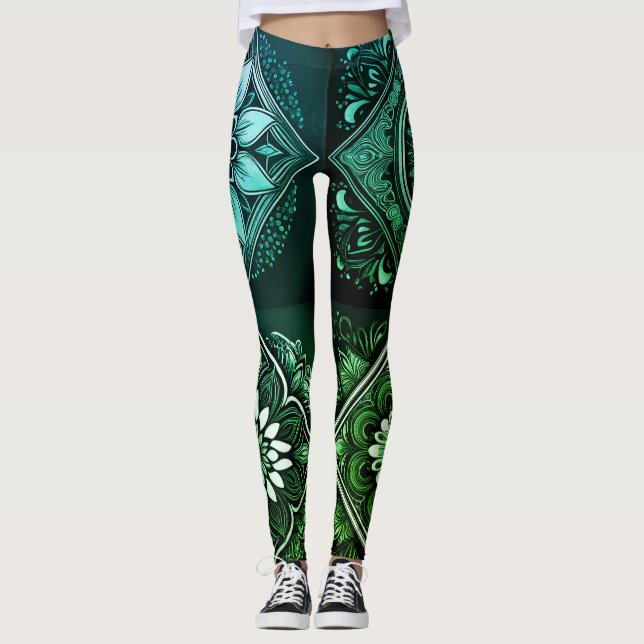 Green, Black, and White Mandala Mystique Leggings (Front)