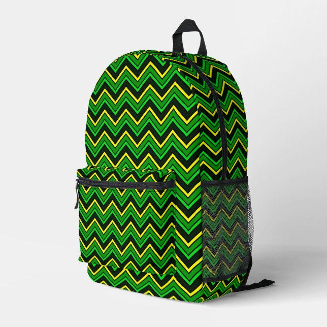 Green, black and yellow chevron zigzag printed backpack (Back Corner Right)
