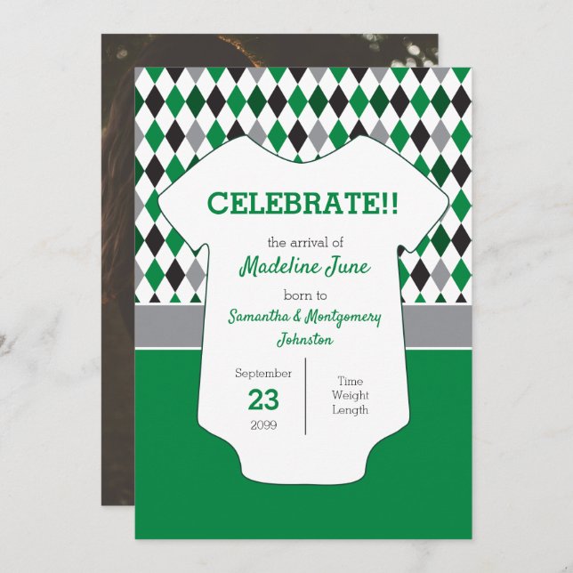 Green & Black Argyle Pattern Baby Photo Announcement (Front/Back)
