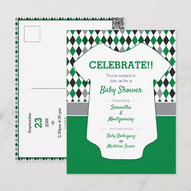 Green & Black Argyle Pattern Baby Shower Postcard (Front/Back)