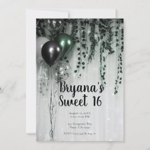 Green Black Balloons Ivy Jungle Party Sweet 16 Invitation