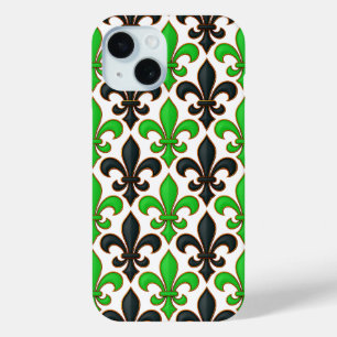 Green Black Baroque Fleur-de-lis Pattern Design iPhone 15 Case