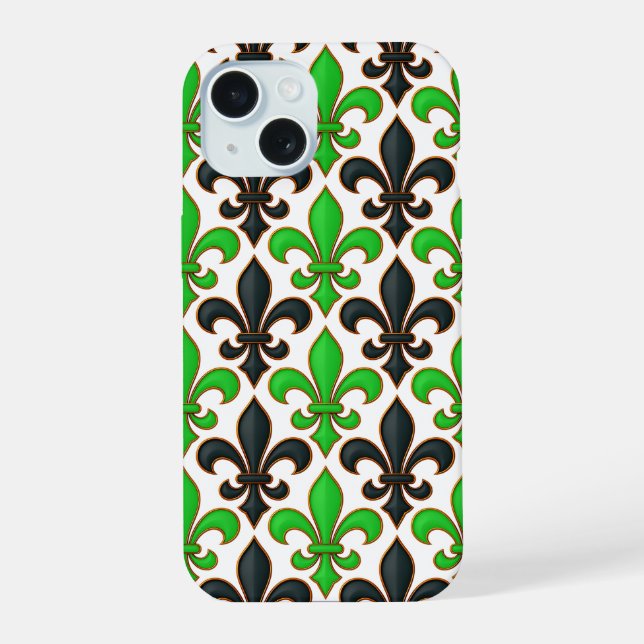 Green Black Baroque Fleur-de-lis Pattern Design  iPhone 15 Case (Back)