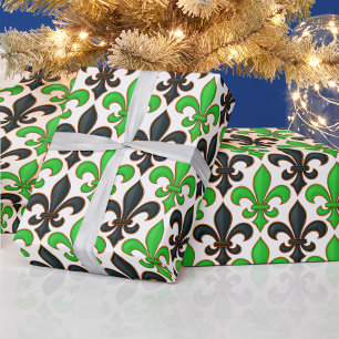 Green Black Baroque Fleur-de-lis Pattern Design Wrapping Paper
