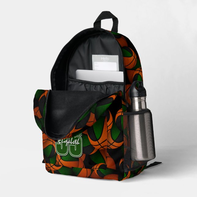 Green black basketball team colours player name  printed backpack (Back Corner Right (Open))