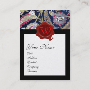GREEN & BLACK BLUE DAMASK, RED WAX SEAL MONOGRAM BUSINESS CARD