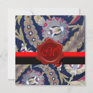 GREEN & BLACK BLUE DAMASK, RED WAX SEAL MONOGRAM INVITATION