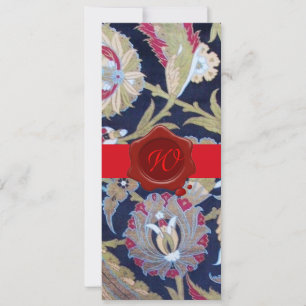 GREEN & BLACK BLUE DAMASK, RED WAX SEAL MONOGRAM INVITATION