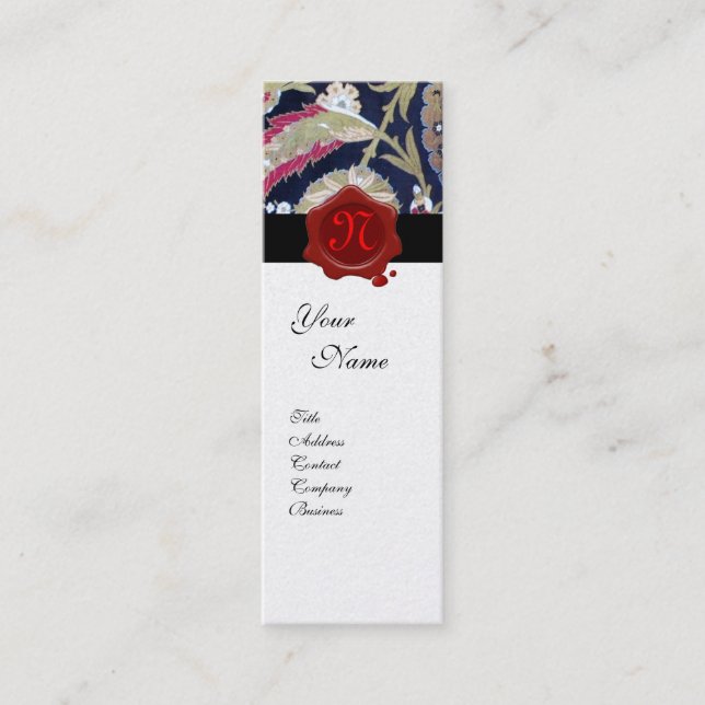 GREEN & BLACK BLUE DAMASK, RED WAX SEAL MONOGRAM MINI BUSINESS CARD (Front)