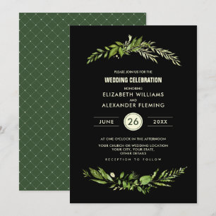 Green Black Botanical Watercolor Wedding Invitation