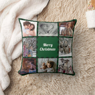 Green Black Buffalo Check Holiday Photo Collage Cushion