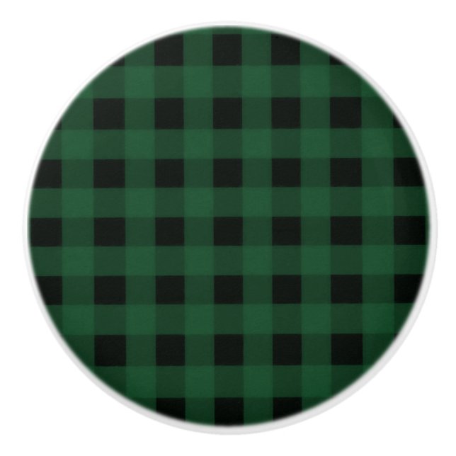 Green Black Buffalo Chequered Plaid Country Rustic Ceramic Knob (Front)