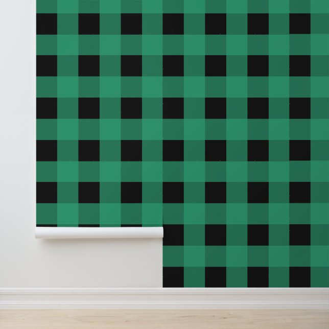 Green Black Buffalo Plaid Check Rustic Patterned Wallpaper (Application)