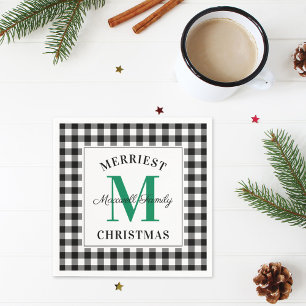 Green Black Buffalo Plaid Christmas Monogram Napkin