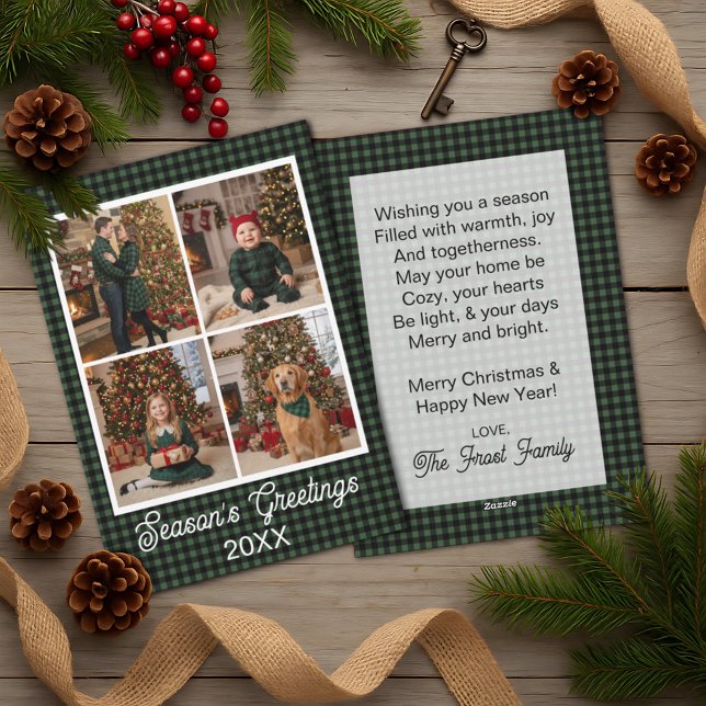 Green & Black Buffalo Plaid Custom Name and Text Holiday Card (Creator Uploaded)