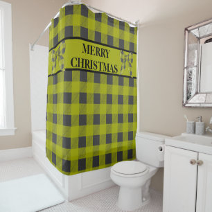Green & Black Buffalo Plaid, Merry Christmas Shower Curtain