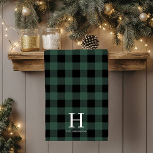 Green Black Buffalo Plaid Monogram Holiday Tea Towel