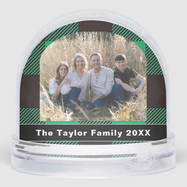 Green & Black Buffalo Plaid Tartan Family Photo Snowglobe (Back)