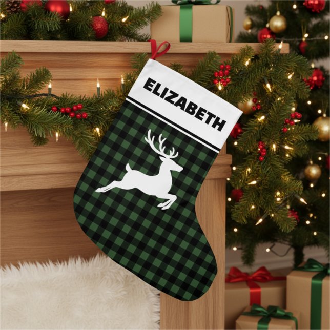Green & Black Buffalo Plaid with Reindeer Custom Large Christmas Stocking (Creator Uploaded)
