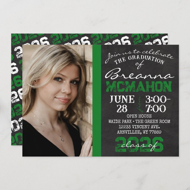 Green & Black Chalkboard Graduation Photo Invitation ( Repeating Class Year 1 & 2 Photo Graduation Invitations & Announcements)