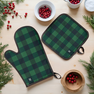 Green & Black Chequerboard Buffalo Plaid Monogram Oven Mitt & Pot Holder Set
