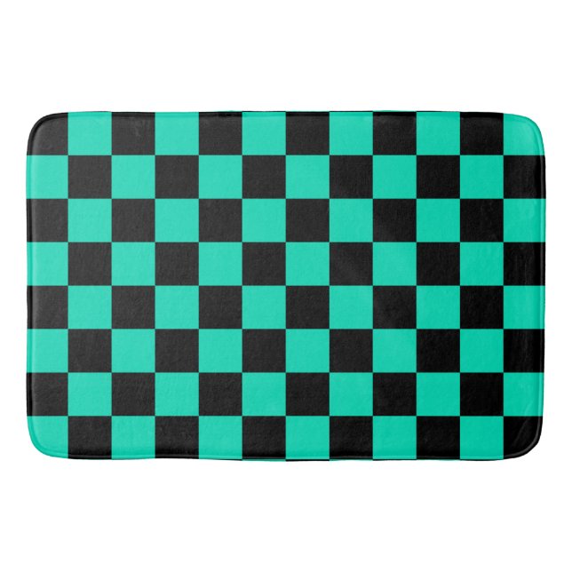 Green Black Chequered Check Pattern Bath Mat (Front)