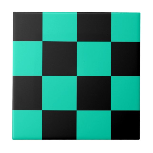Green Black Chequered Check Pattern Ceramic Tile (Front)